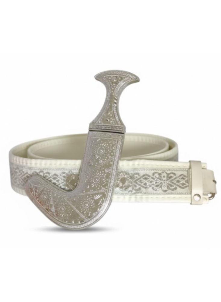 بريميم حزام خنجر جمبية فضي تقليدي عربي مع خنجر عربي وحزام – مقبض منحني مطلي بالفضة مع حزام بنقوش بارزة، إكسسوار زي ثقافي للرجال - Image 2